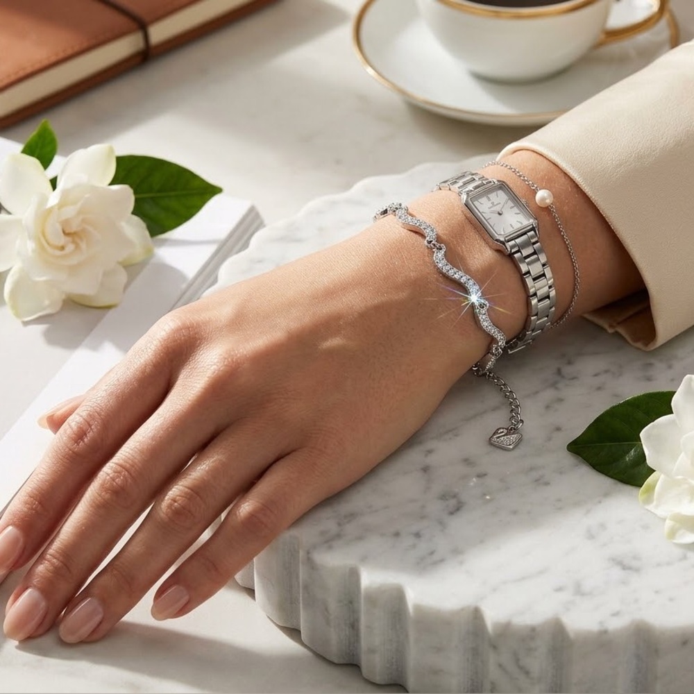 SWAROVSKI Silver Wave Pavé Crystal Tennis Bracelet NIB Swan Charm